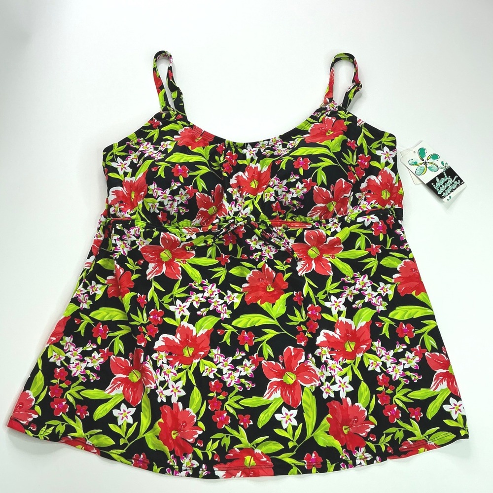 Island Escape Black Floral Tankini Top Women 20W Underwire Tropical P770653